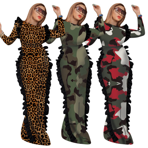 Wholesale Lady Leisure Printing Long Sleeves Ruffle Dress QQM3872
