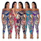 Online Sale Women Printing Flat Shoulder Bodycon Jumpsuit SMR9311