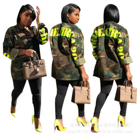 Fashionable Ladies Turn Down Collar Letters Camouflage Coat YW635