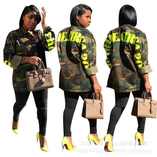 Fashionable Ladies Turn Down Collar Letters Camouflage Coat YW635