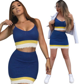 Sweet Style Color Patchwork Bodycon Skirt Suits HR8042