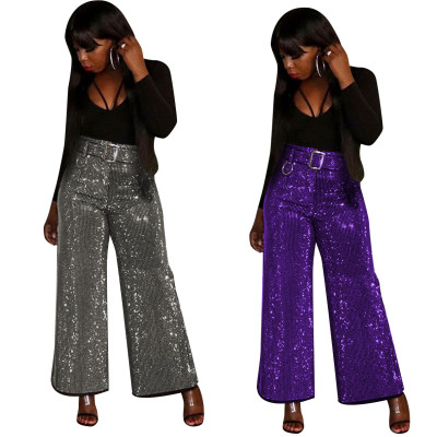 New Design Shiny Belted Casual Wide Leg Pants Club Solid Bottoms F8252