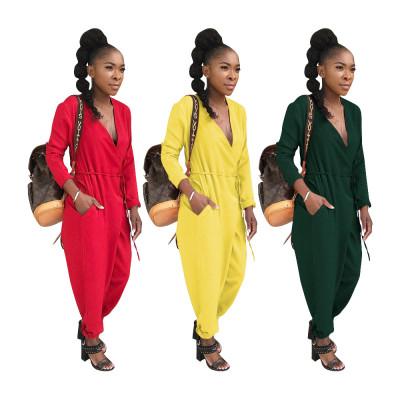 Leisure V Collar Harem Pants Solid Color Tied Jumpsuit OEP6066