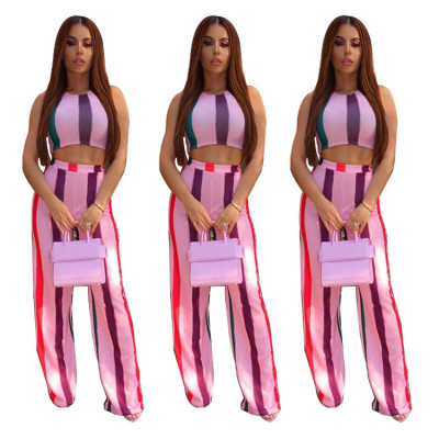 Stripe Outfits Bandage Sleeveless Top Wide Leg Pants MY9211