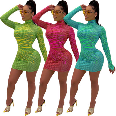 Wholesale Price High Neck Printing Bodycon Wrap Dress ML7252