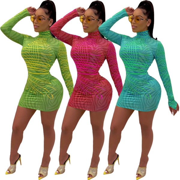 Wholesale Price High Neck Printing Bodycon Wrap Dress ML7252