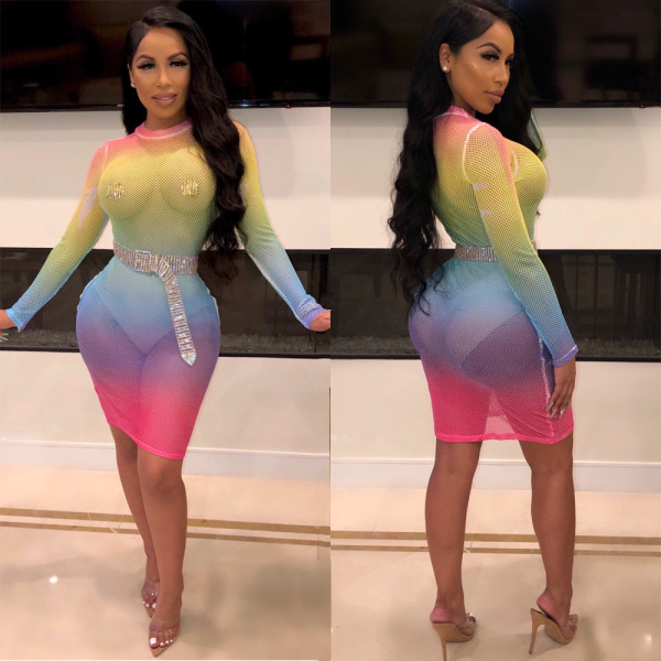 See Through Long Sleeves Gradient Color Club Dress AL047