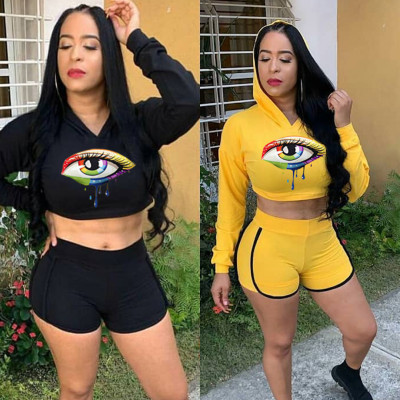 Long Sleeves Hooded Top Lady Sport Shorts 3 Colors Outfits YYF8028