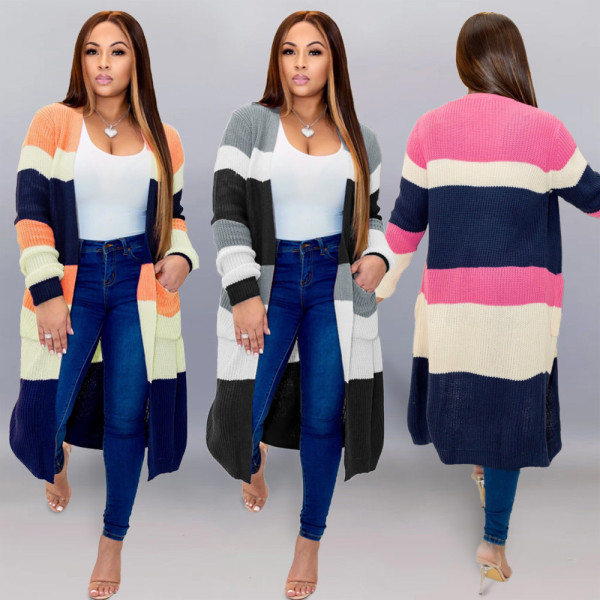 New Style Warm Long Sleeves Colorful Stripe Winter Coat MA6286