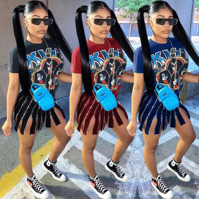 Fashion Cartoon Printed Round Neck Short Sleeves Splited Mini Dress ALS194