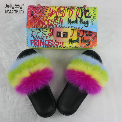 Painted graffiti chain bag with color fox fur grass ladies sandals and slippers bag set JBD004