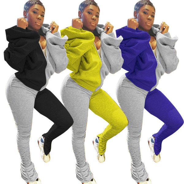 Solid color long-sleeved pleated trousers zipper set 2-piece set HM5369