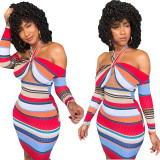 Halter Neck Striped Mini Skinny Dress OG9063