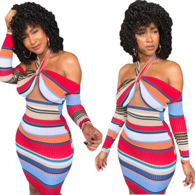 Halter Neck Striped Mini Skinny Dress OG9063