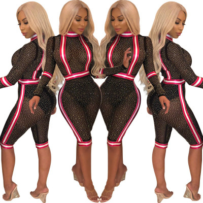 Stripe Patchwork Perspective Mesh Diamond Bodyocn Jumpsuit XZ2050