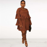 Lady Casual Loose Brown Long Sleeves Pleated Mini Dress DN8317