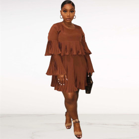 Lady Casual Loose Brown Long Sleeves Pleated Mini Dress DN8317