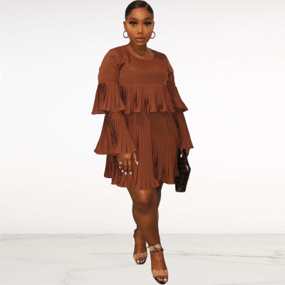 Lady Casual Loose Brown Long Sleeves Pleated Mini Dress DN8317