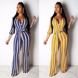 Fashion Stripe Clothes Blue/Yellow V Collar Long Jumpsuit AL035