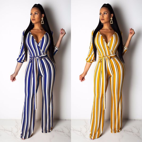 Fashion Stripe Clothes Blue/Yellow V Collar Long Jumpsuit AL035