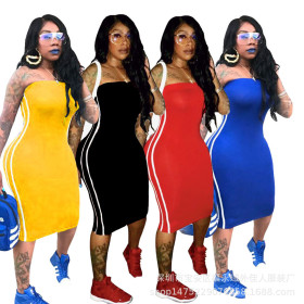 Stripe Patchwork Hot Sale Slim Strapless Midi Dress DF599