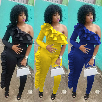 Black Ruffle One Shoulder Bodycon Jumpsuits MR154