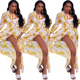 Hot Sale Floral Print Turn-Down Collar Shirt Long Dress E8112