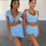 Fashion sexy deep V tie long sleeve top pleated hip skirt suit XE22329P