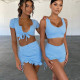 Fashion sexy deep V tie long sleeve top pleated hip skirt suit XE22329P
