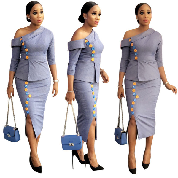 Oblique Shoulder Top Wrap Midi Dress Office Lady Button Skirt Suits LD8172