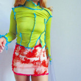 Fashion Contrast Stitching Round Neck Long Sleeves Split Top T1738439