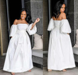 Women Casual Oversize Off Shoulder White Long Dress D8306