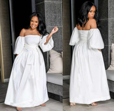 Women Casual Oversize Off Shoulder White Long Dress D8306