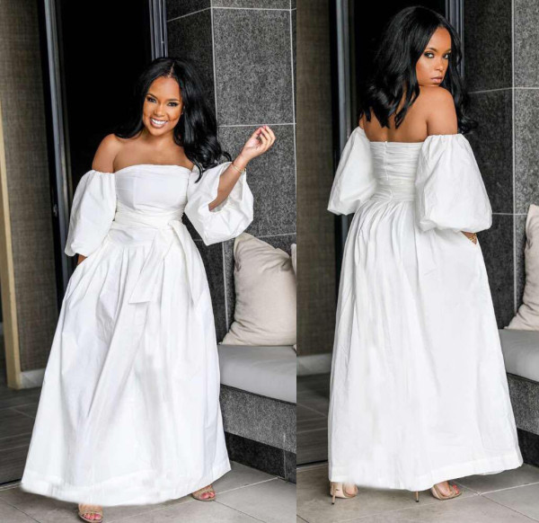 Women Casual Oversize Off Shoulder White Long Dress D8306