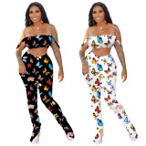 Sexy Butterfly Printed Suspender Backless Top With Splited Trousers Two Piece Set OFN6398