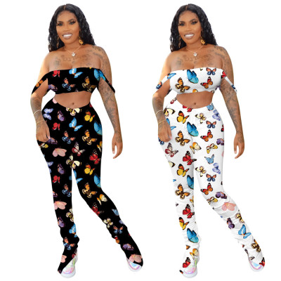 Sexy Butterfly Printed Suspender Backless Top With Splited Trousers Two Piece Set OFN6398