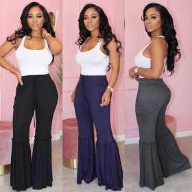 Three-color spot in casual striped big flared trousers D8341