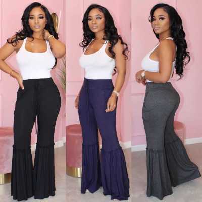 Three-color spot in casual striped big flared trousers D8341