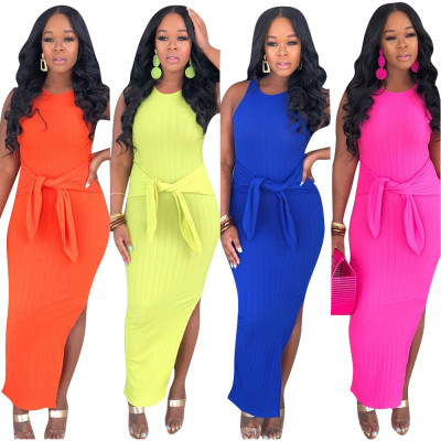 Stylish Plain Color Elastic Waist Sleeveless Dress H1160