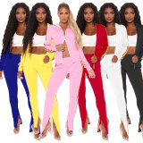 Color ribbon pull-on cardigan long sleeve casual sports suit women ME2871