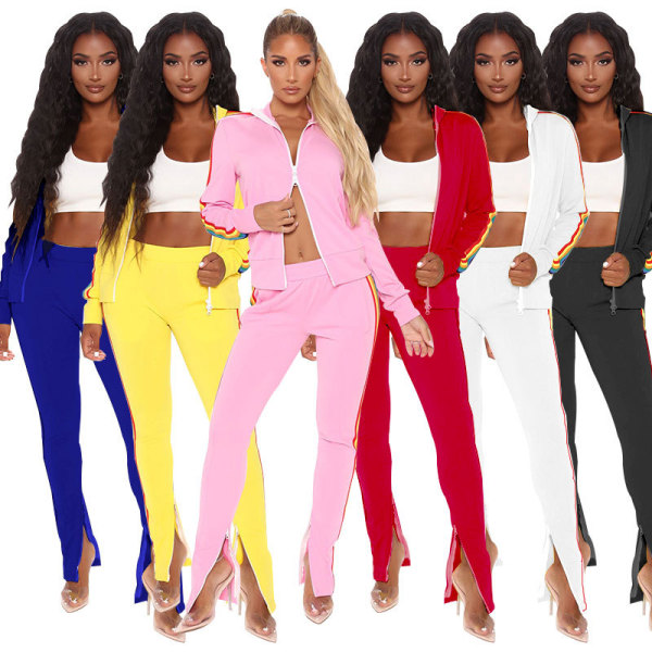 Color ribbon pull-on cardigan long sleeve casual sports suit women ME2871