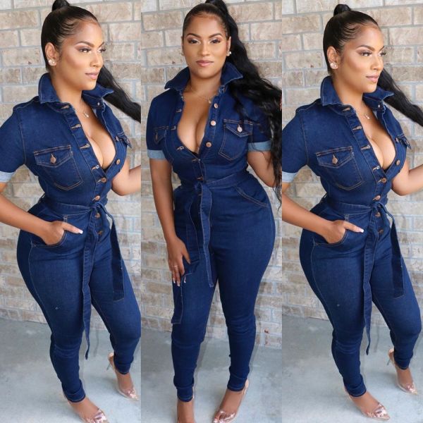 Bodycon Casual Ladies Jeans Button Down Long Jumpsuit W8219