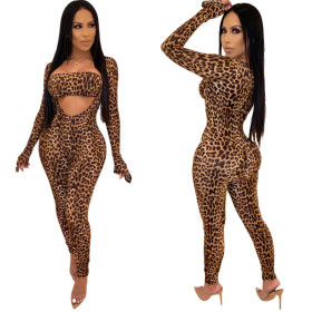 Wholesale Leopard Printing Ladies Outfits Bandeau Top Slinky Jumpsuit QZ3291