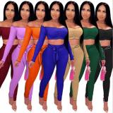 Sexy Off Shoulder Long Sleeves Waistless Pleated Mini Top Trousers Two Piececs Sets ZSC0300