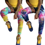 Casual ripped burnt tie-dye jeans fashion print high-waist trousers SN3844