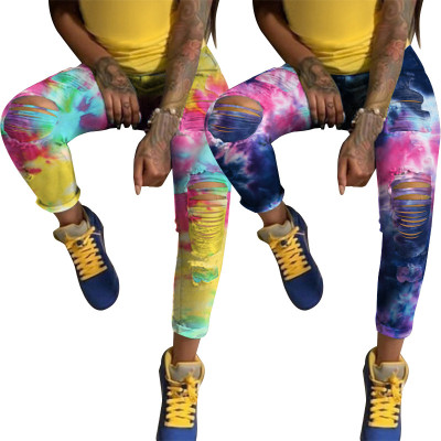 Casual ripped burnt tie-dye jeans fashion print high-waist trousers SN3844