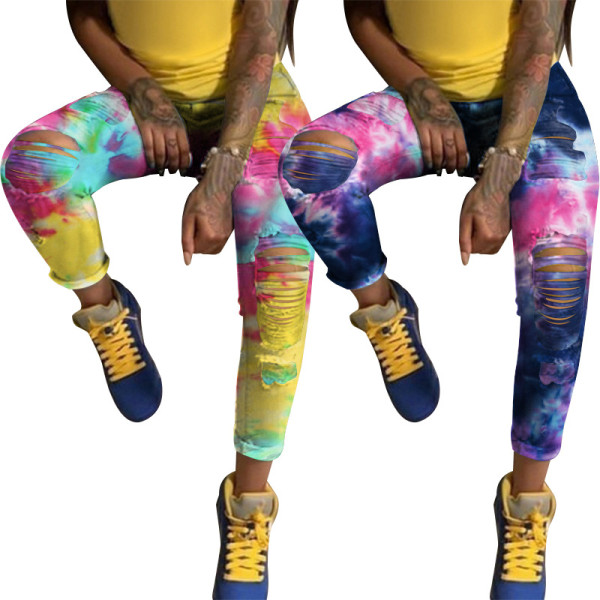 Casual ripped burnt tie-dye jeans fashion print high-waist trousers SN3844