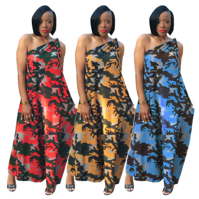 Fashionable sexy loose camouflage printed one-shoulder dress JH163