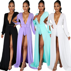 Sexy Solid Color V-Neck Long Sleeves Split Long Dress YFS8717