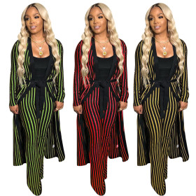 Striped Outfits Wide Leg Pants Bandage Long Coat QQM3815